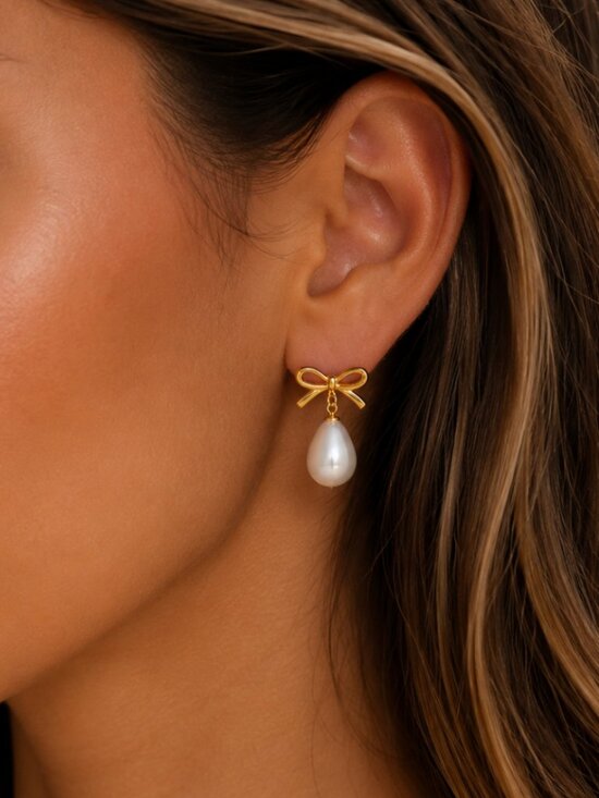 Jewelry - "Bianca" Pearl Bow Dangly Earrings
